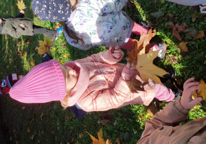 Dzieci zbierają kasztany i orzechy.