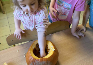 Dzieci badają zawartość dyni.