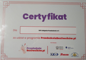 Certyfikat dla przedszkola za udział w projekcie edukacyjnym.