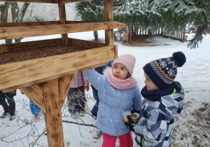 Dzieci wsypują ziarna do karmnika.