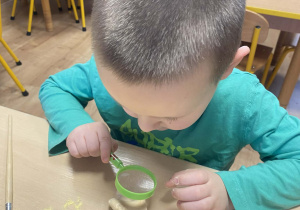 chłopiec ogląda przez lupę skamieliny dinozaura