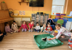 Dzieci słuchają opowieści o kurach i jajkach.